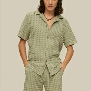 OAS Cuba Waffle Cotton Knit Dusty Green Short Sleeve Button Up Shirt S NEW Camp